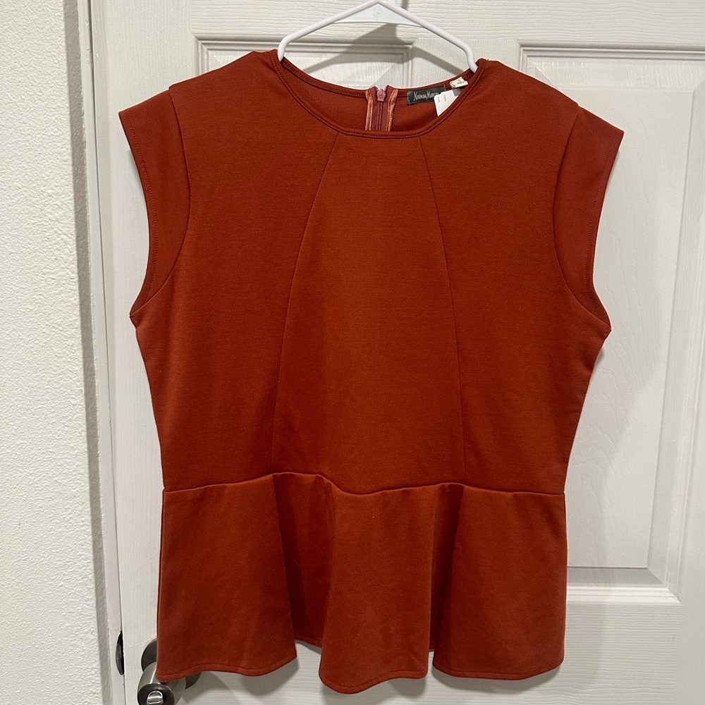Neiman Marcus burnt orange sleeveless peplum top XL business blouse work shirt